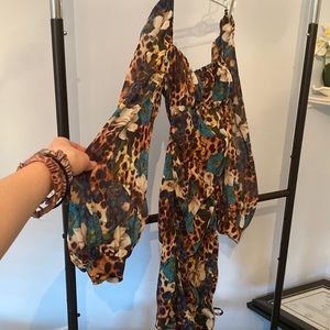 Leopard and floral print ruched detail dress